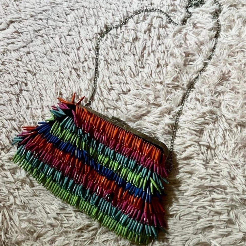 Rainbow Colorful Kidcore Dopamine Beaded Fringe Clutch Bag Maximalist Retro Bold